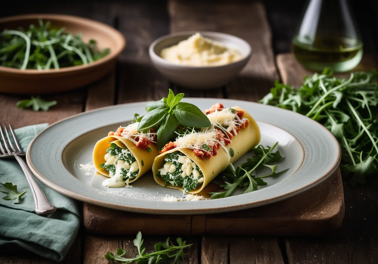 Cannelloni filled with arugula ricotta and crab meat