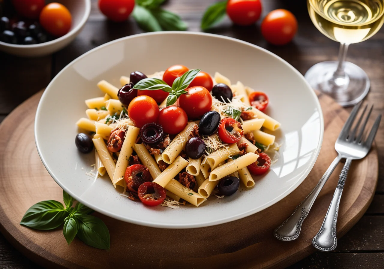 Pasta with Olive Sauce, Tuna and Sun-Dried Tomatoes