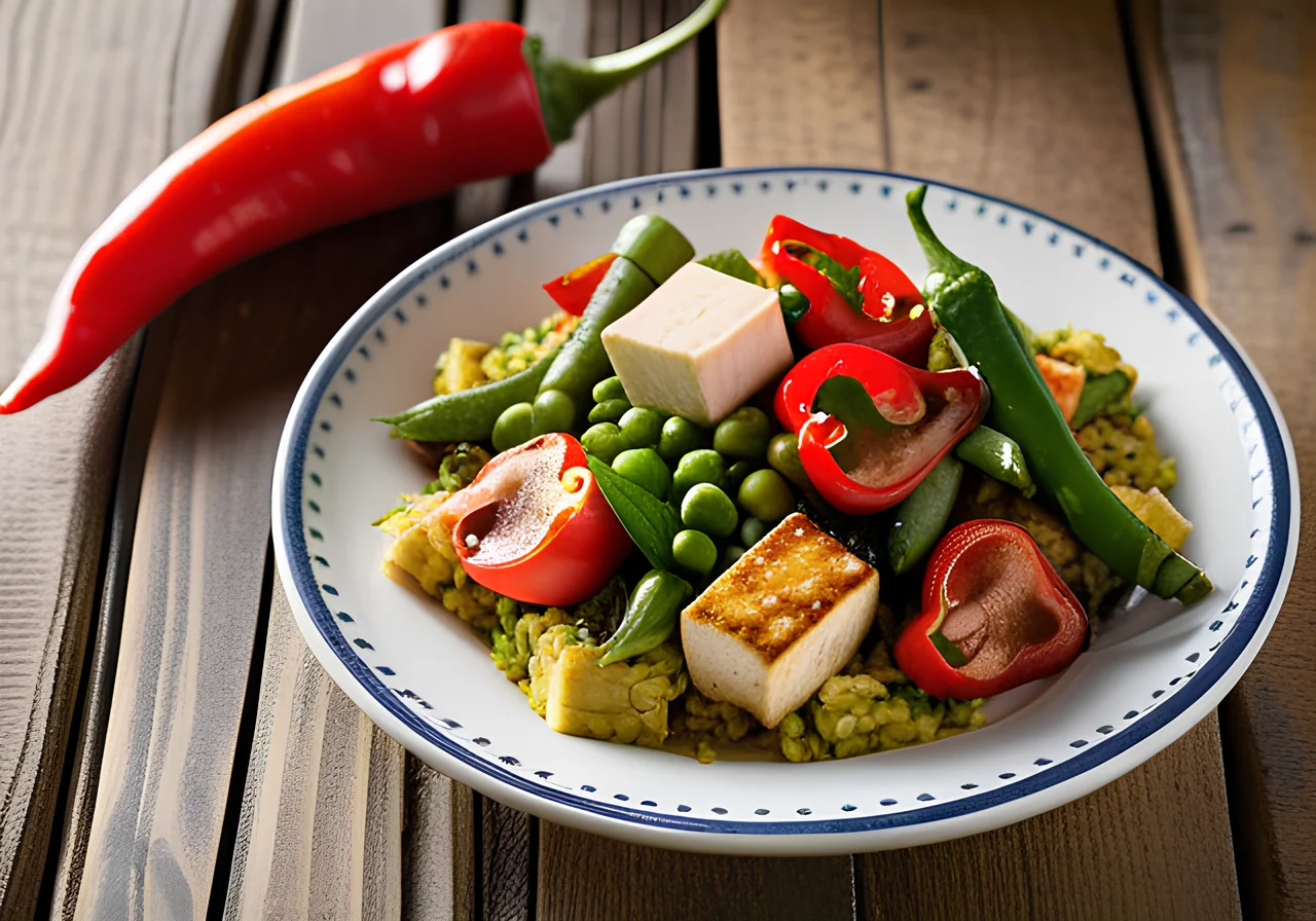 Green Paella with Tofu, Roasted Peppers, Peas and Zucchini
