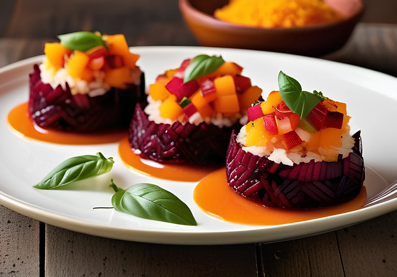 Mediterranean Beet Rice Towers with Apricot-Paprika Salsa