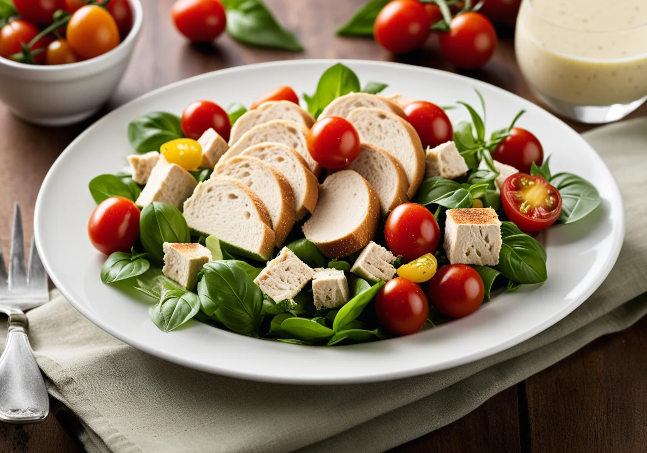 Chicken salad with bread cubes
