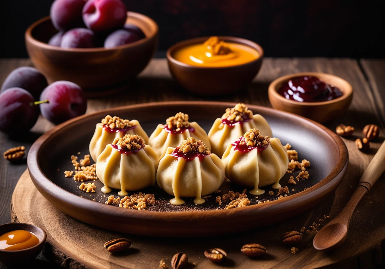 Topfenknödel with Dates and Plum Sauce
