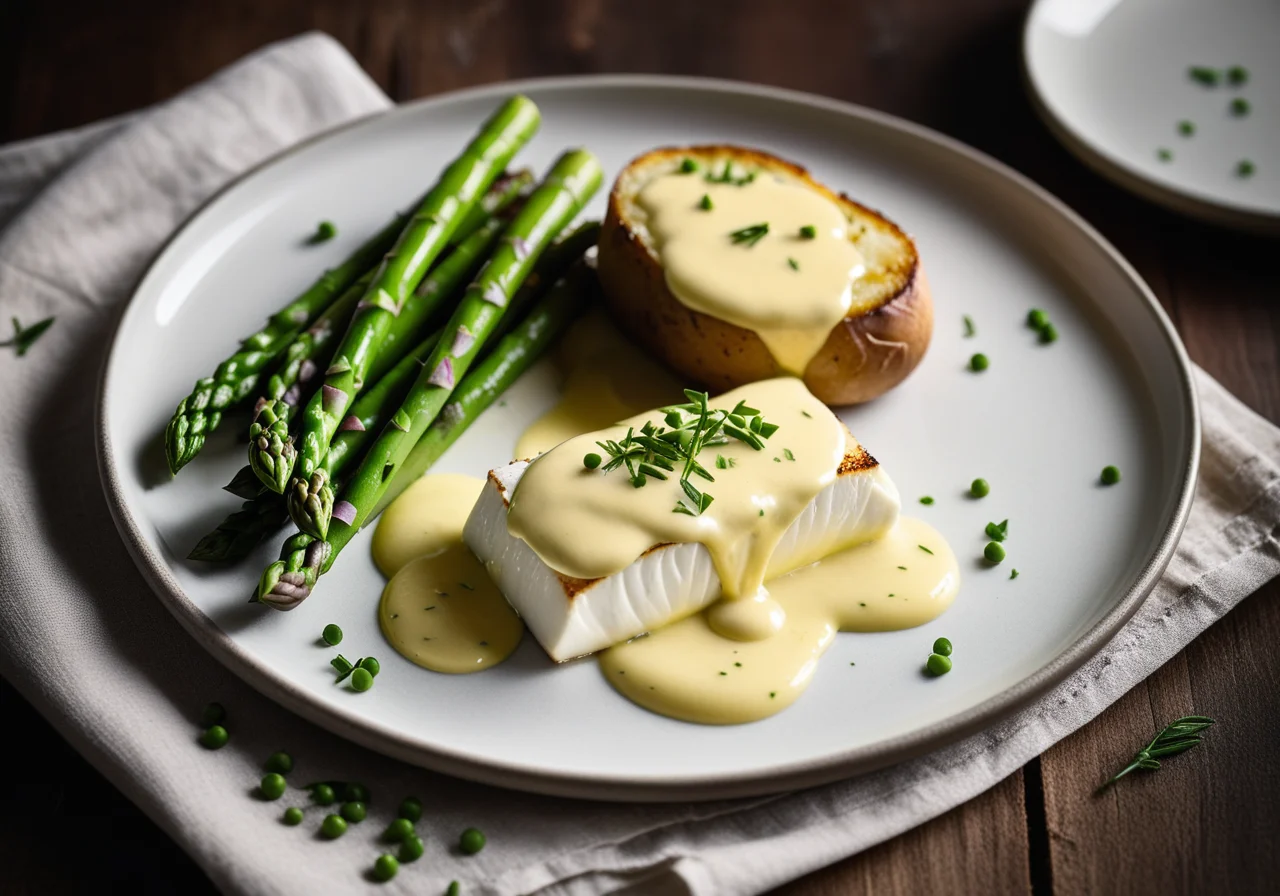 Cod with Tarragon Sauce, Asparagus-Pea Vegetable and Potatoes