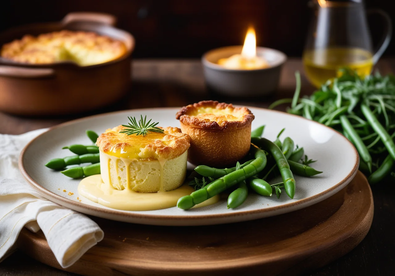 Jarlsberg Potato Soufflé with Lamb Chops and Green Bean Salad