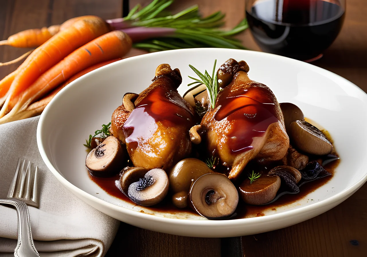 Braised Chicken in Red Wine with Shallots and Mushrooms