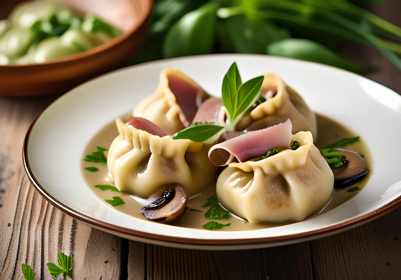 Wild Garlic Dumplings with Onions and Ham