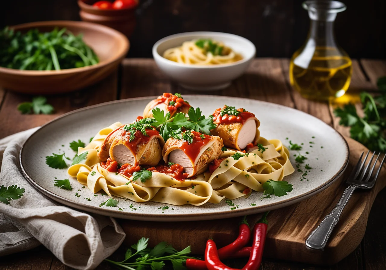Chicken Breast Stuffed with Spinach with Paprika Sauce and Tagliatelle