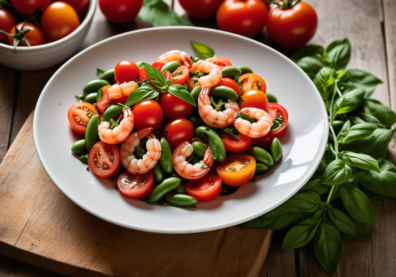 Marinated Wax Beans on Tomatoes with Shrimp