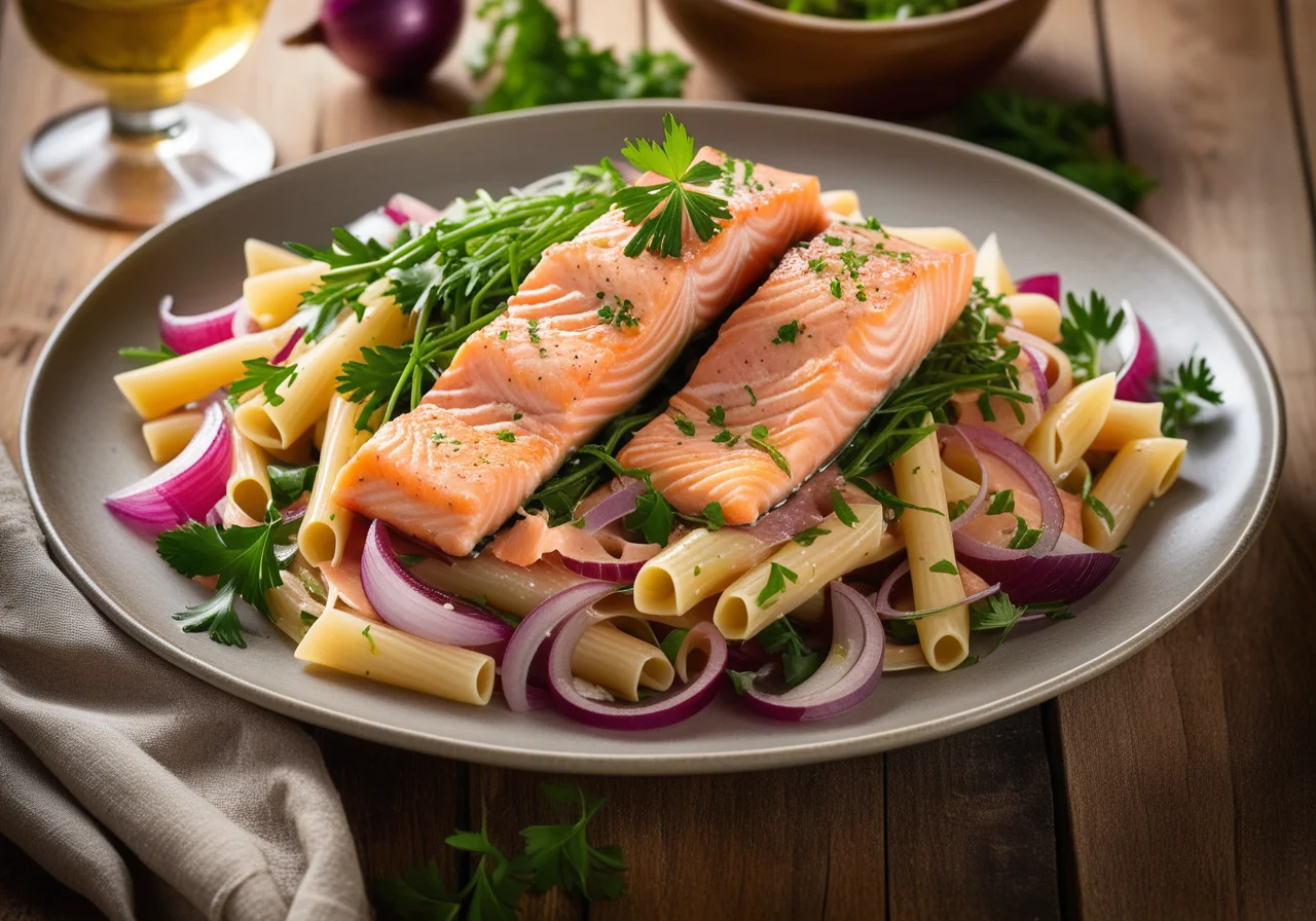 Band Pasta with Salmon Fillet and Riesling Grape Sauce and Red Onions