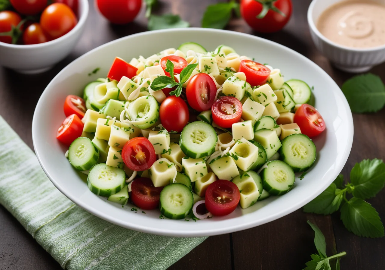 Rice pasta salad with cucumber, avocado, tomato and coriander