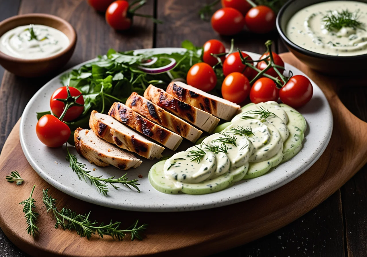 Grilled Chicken Breast with Salad and Yogurt-Cucumber Dip