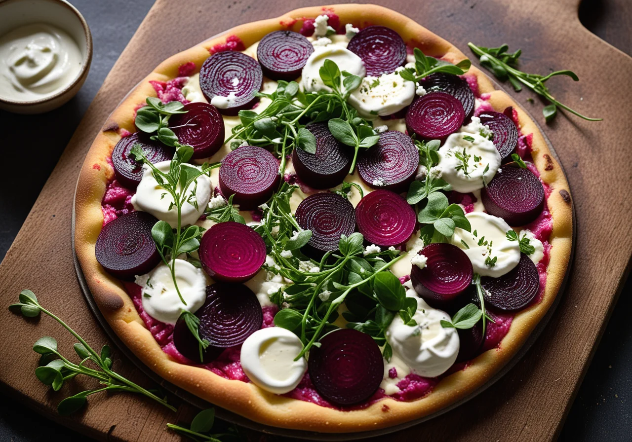 Potato Pizza with Beetroot, Feta and Quark Dip