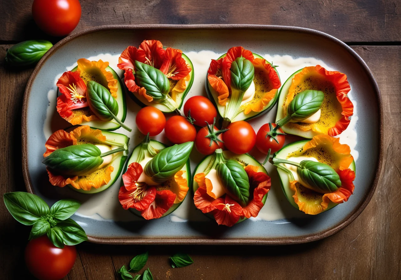 Stuffed Zucchini Blossoms and Tomato Salad
