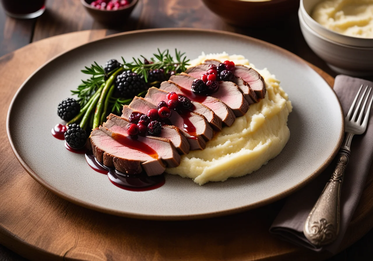 Duck Breast with Birdberries and Mashed Potatoes