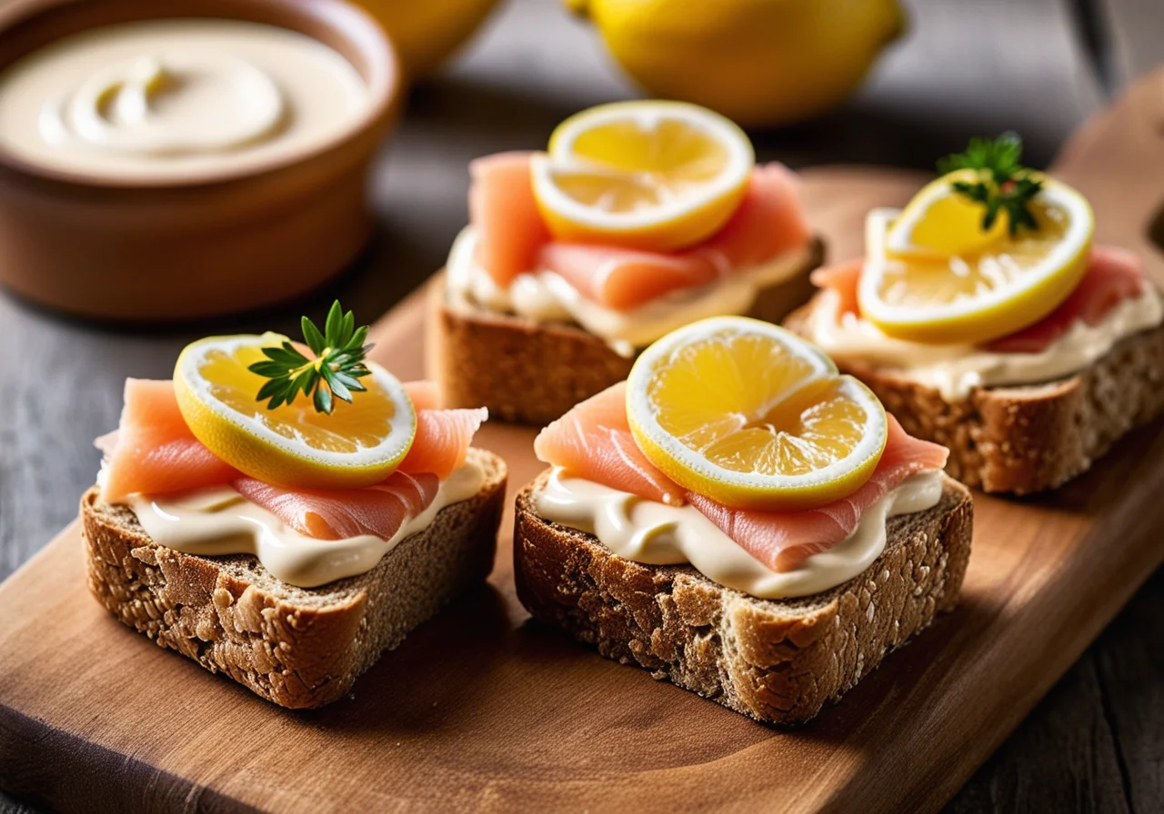Smoked salmon topped whole grain rolls