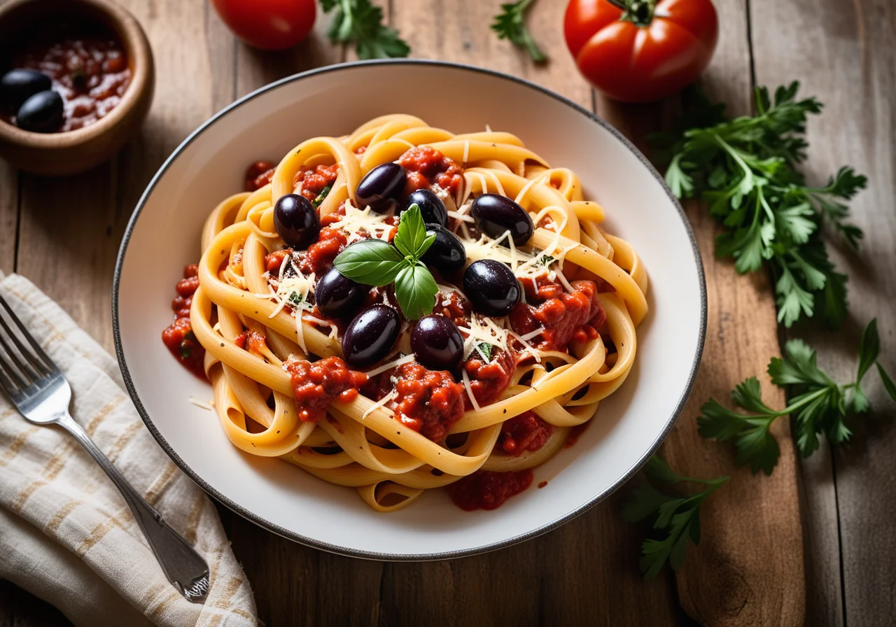 Pasta with Tomato Sauce and Large Olives