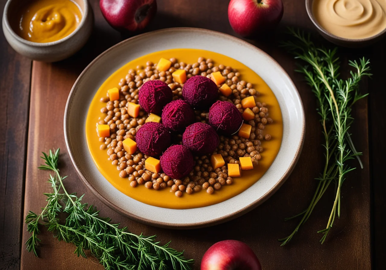 Red Beet Balls Filled with Lentils and Apple Sauce