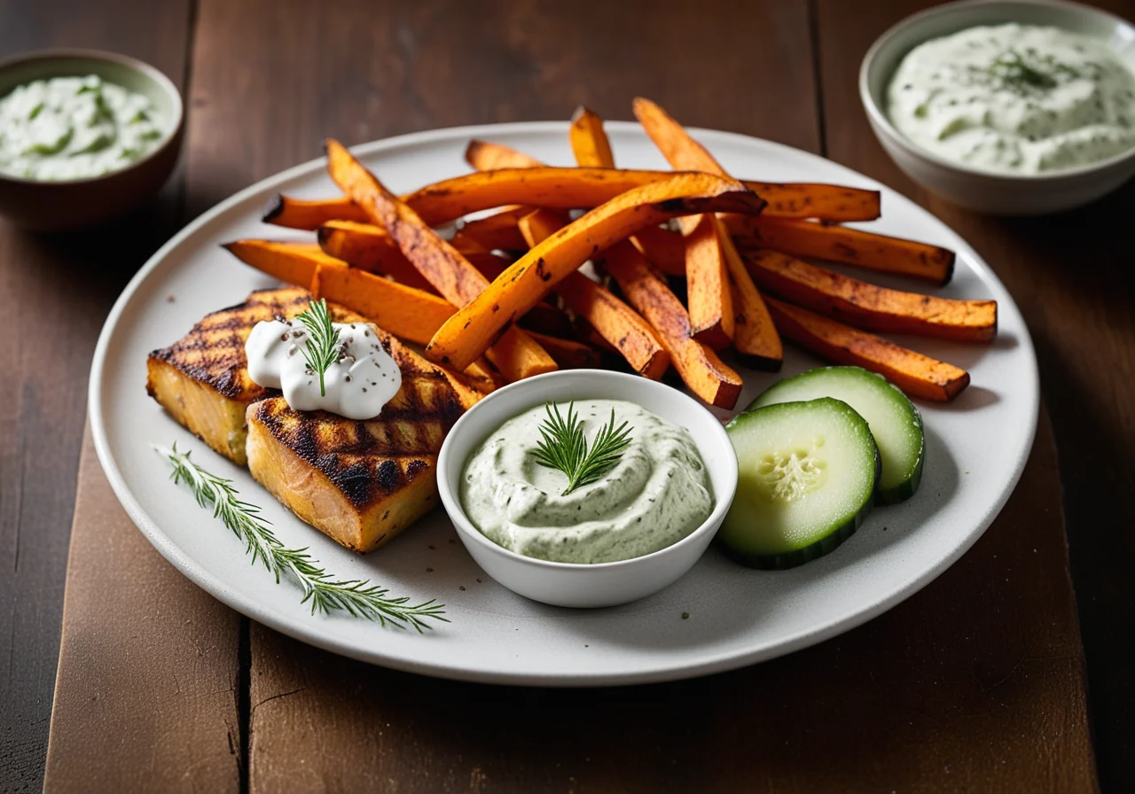 Oven-Baked Fish with Sweet Potato Fries, Herb Dip and Fresh Cucumber Salad