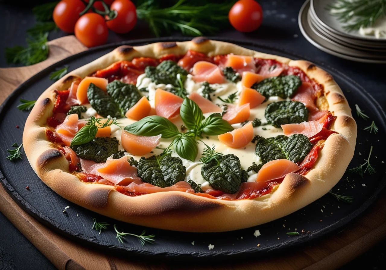 Salmon, Camembert, and Pesto Pizza