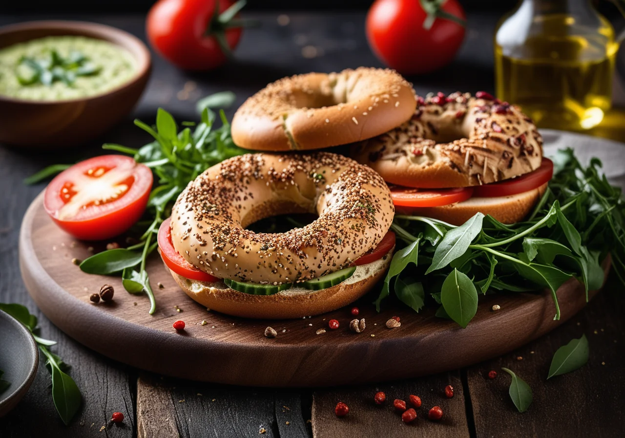 Whole grain bagels with chicken breast fillet and arugula