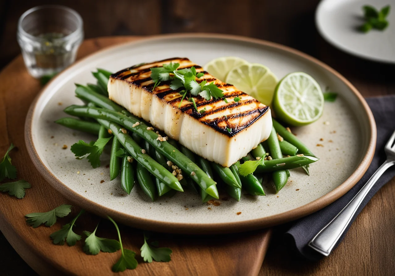 Grilled Halibut on Beans