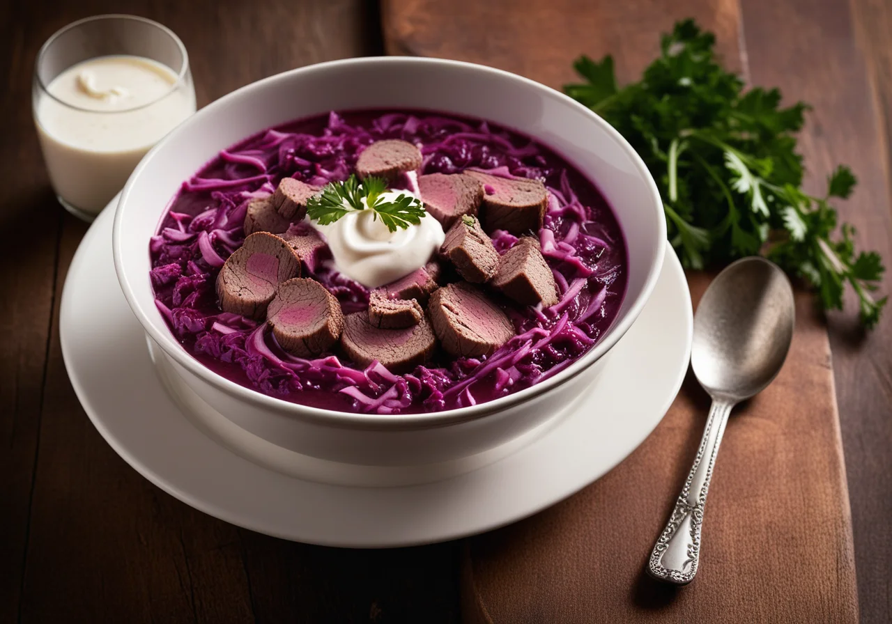 Red Cabbage Soup with Beef and Creamy Horseradish