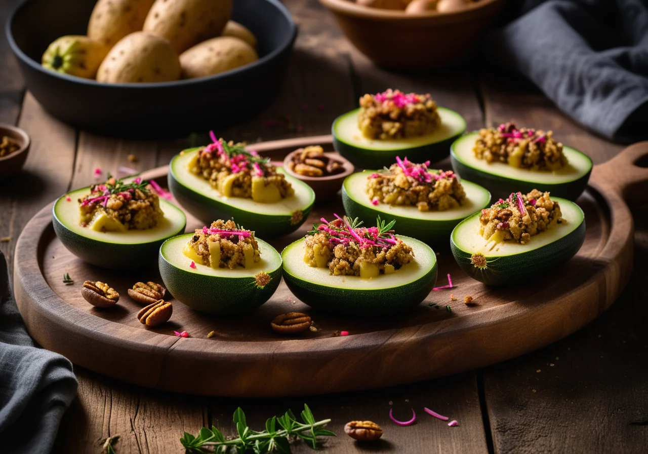 Stuffed zucchini with walnuts and fried potatoes