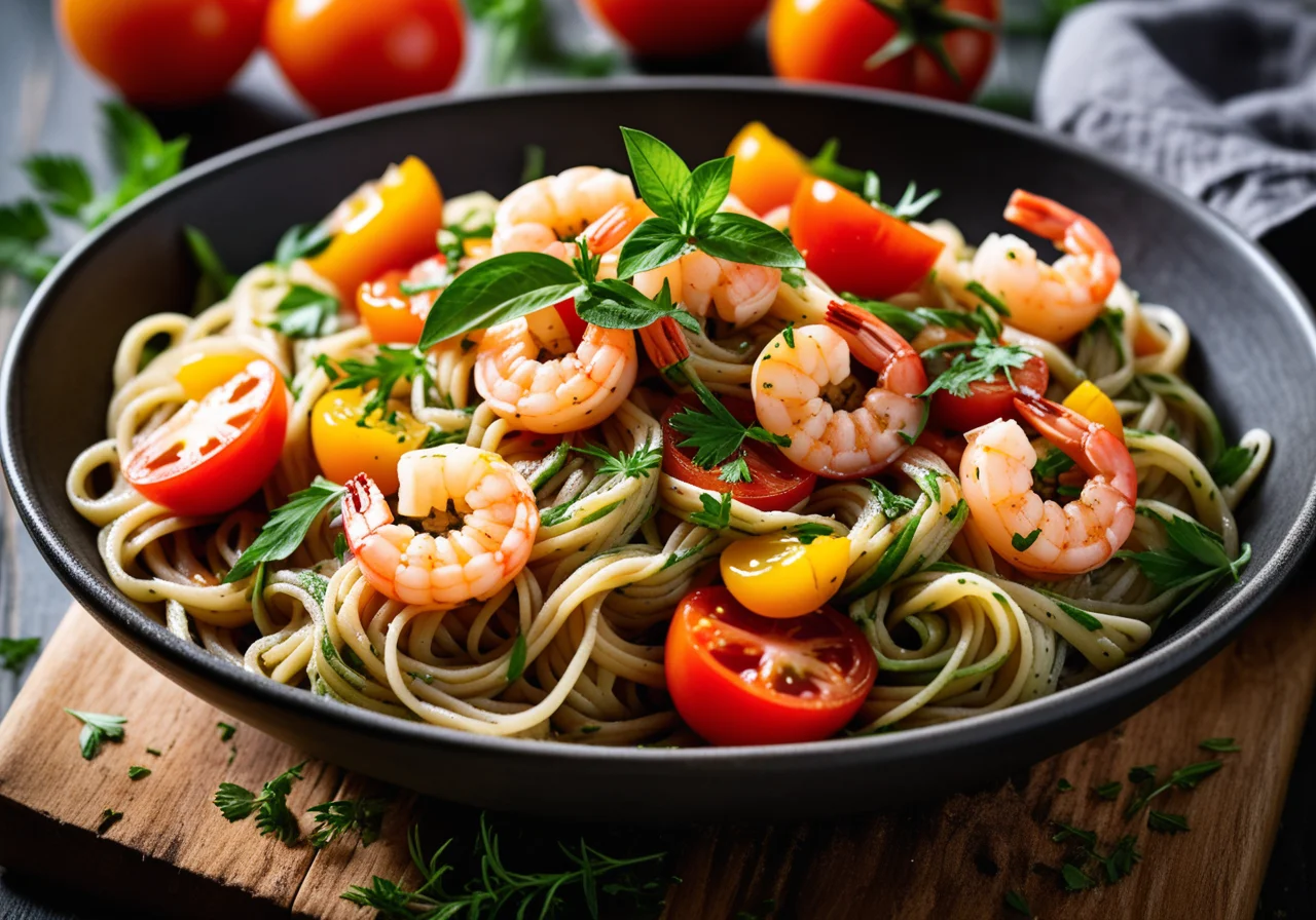 Herb Noodle Strips with Shrimp