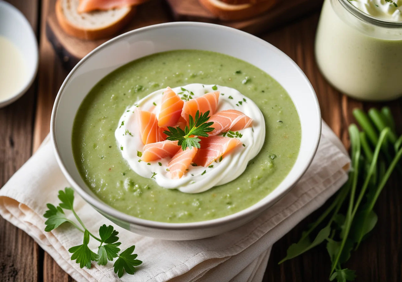 Creamy Sugar Snap Pea Soup with Salmon