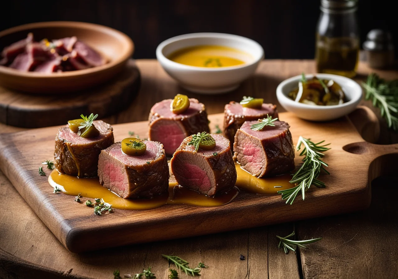 Beef roulades with pancetta and pickles