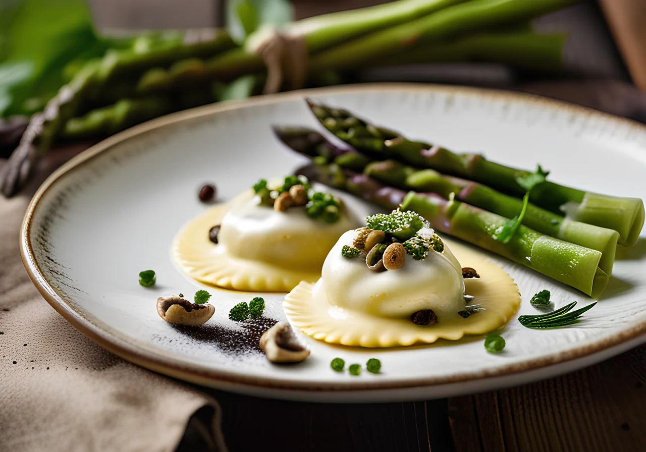 Pea-Filled Ravioli with Morels and White Asparagus