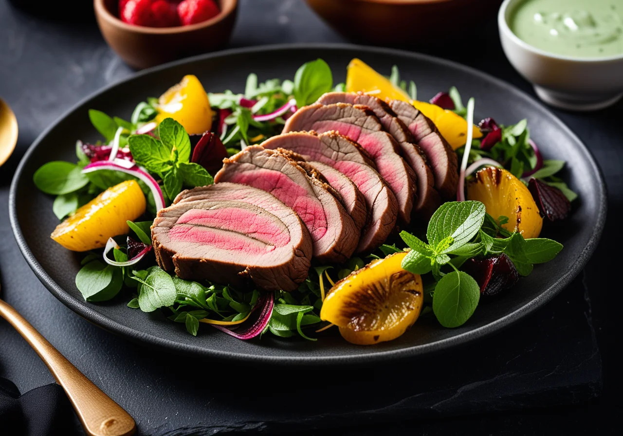 Lamb Fillet with Yogurt Mint Sauce and Salad