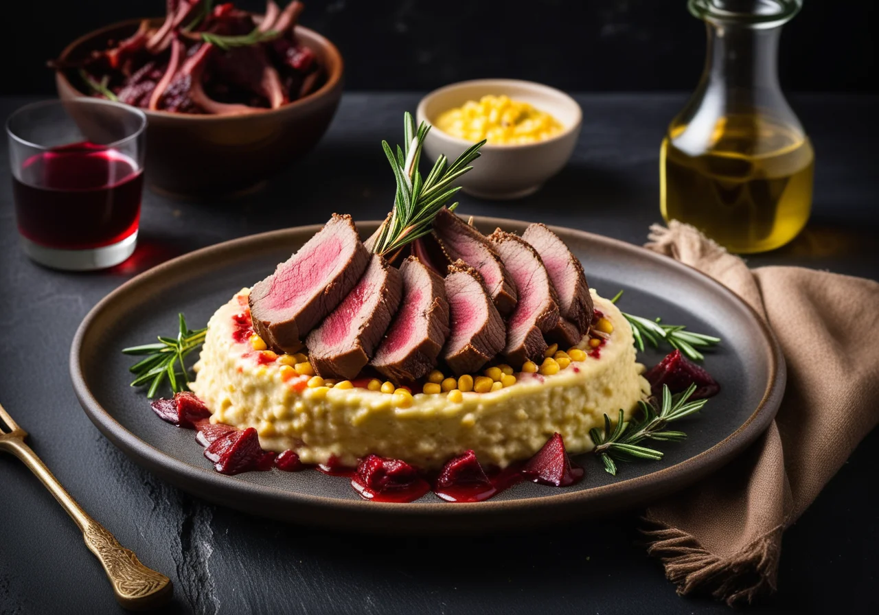 Lamb rack with corn mash and caramelized rhubarb