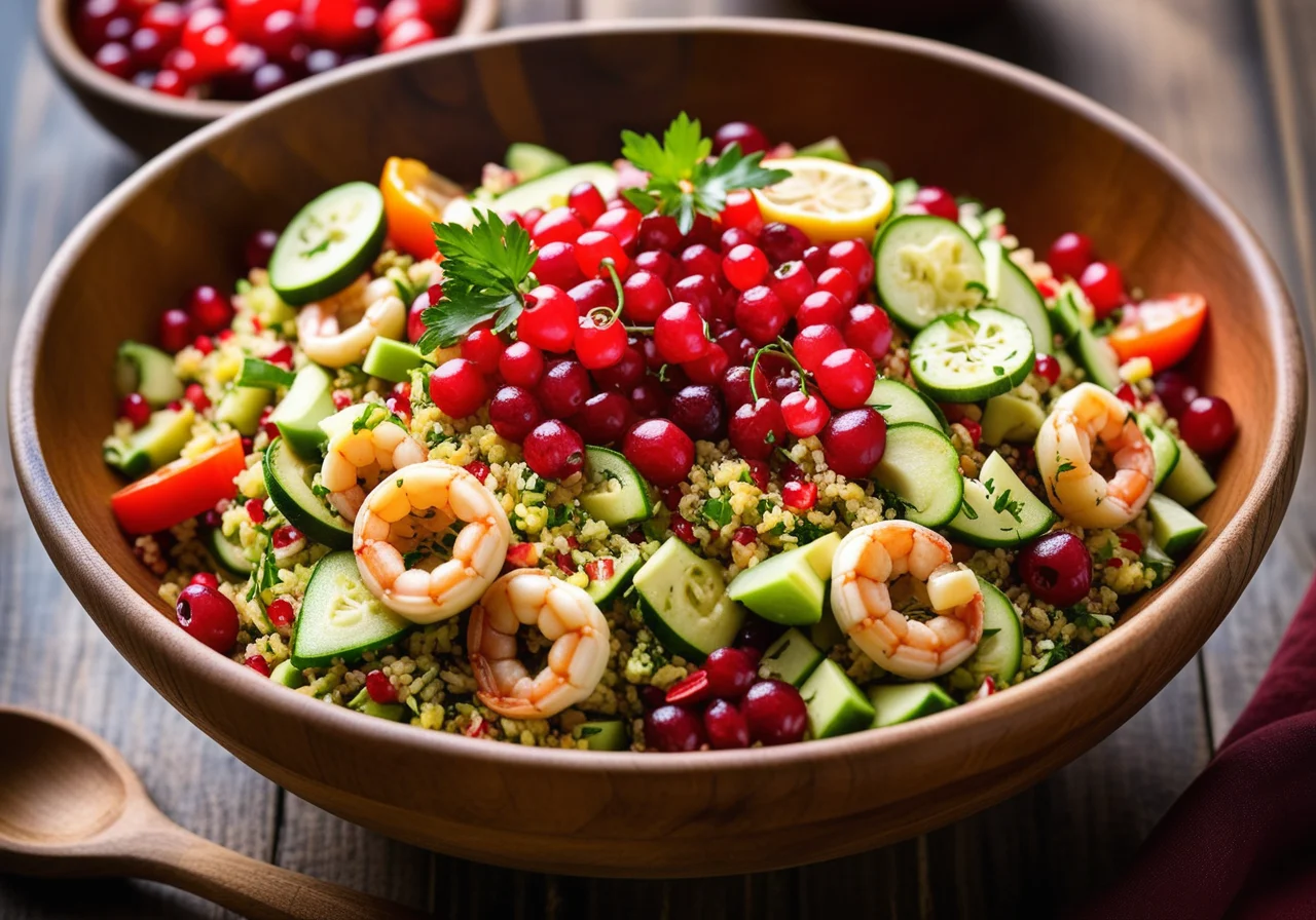Bulgur salad with seafood, vegetables and red currants