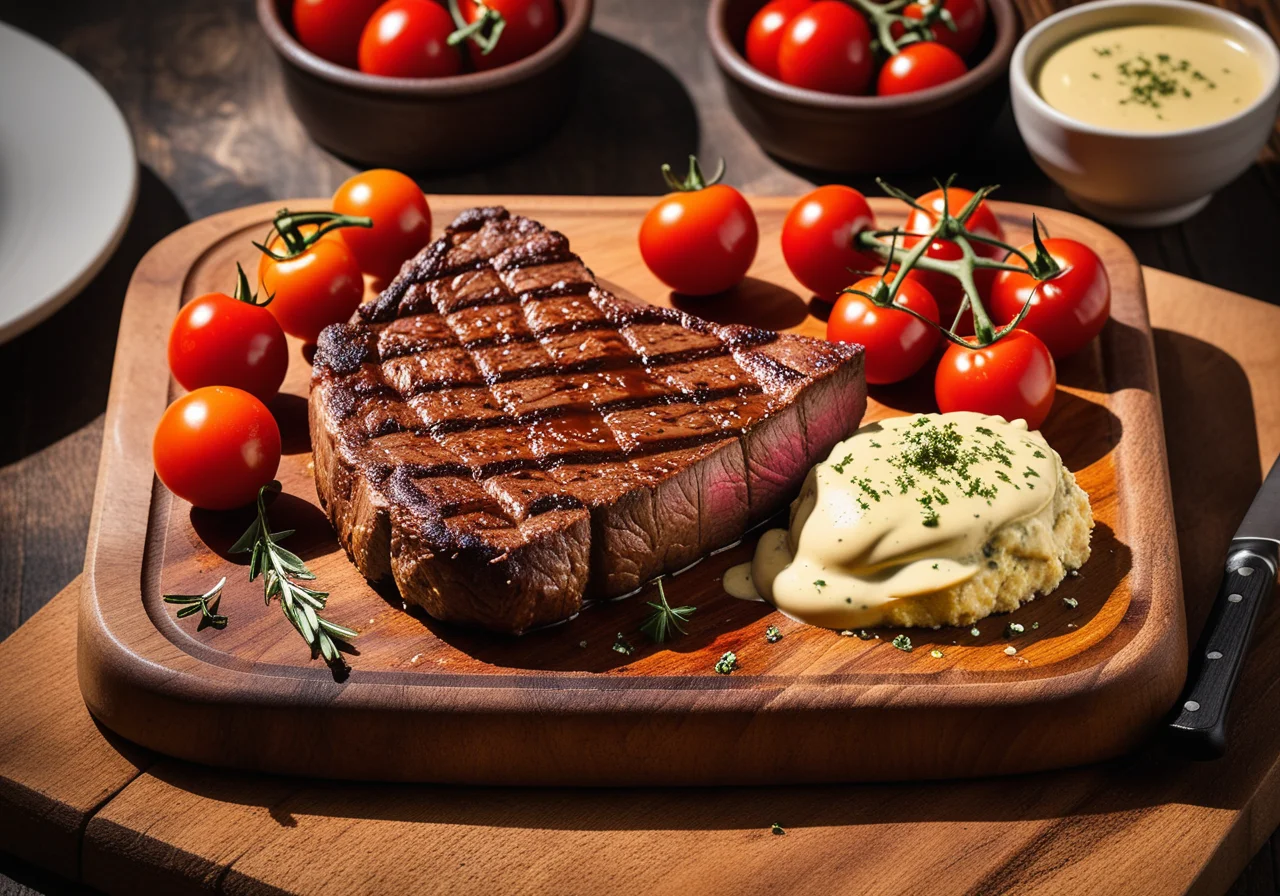 T-Bone-Steak with grilled corn and cherry tomatoes