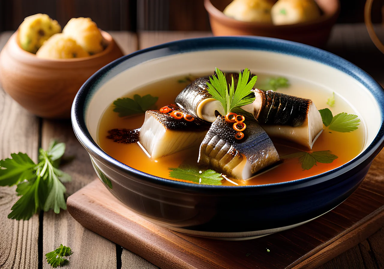 Eel Soup the Hamburger Way with Baked Fruit