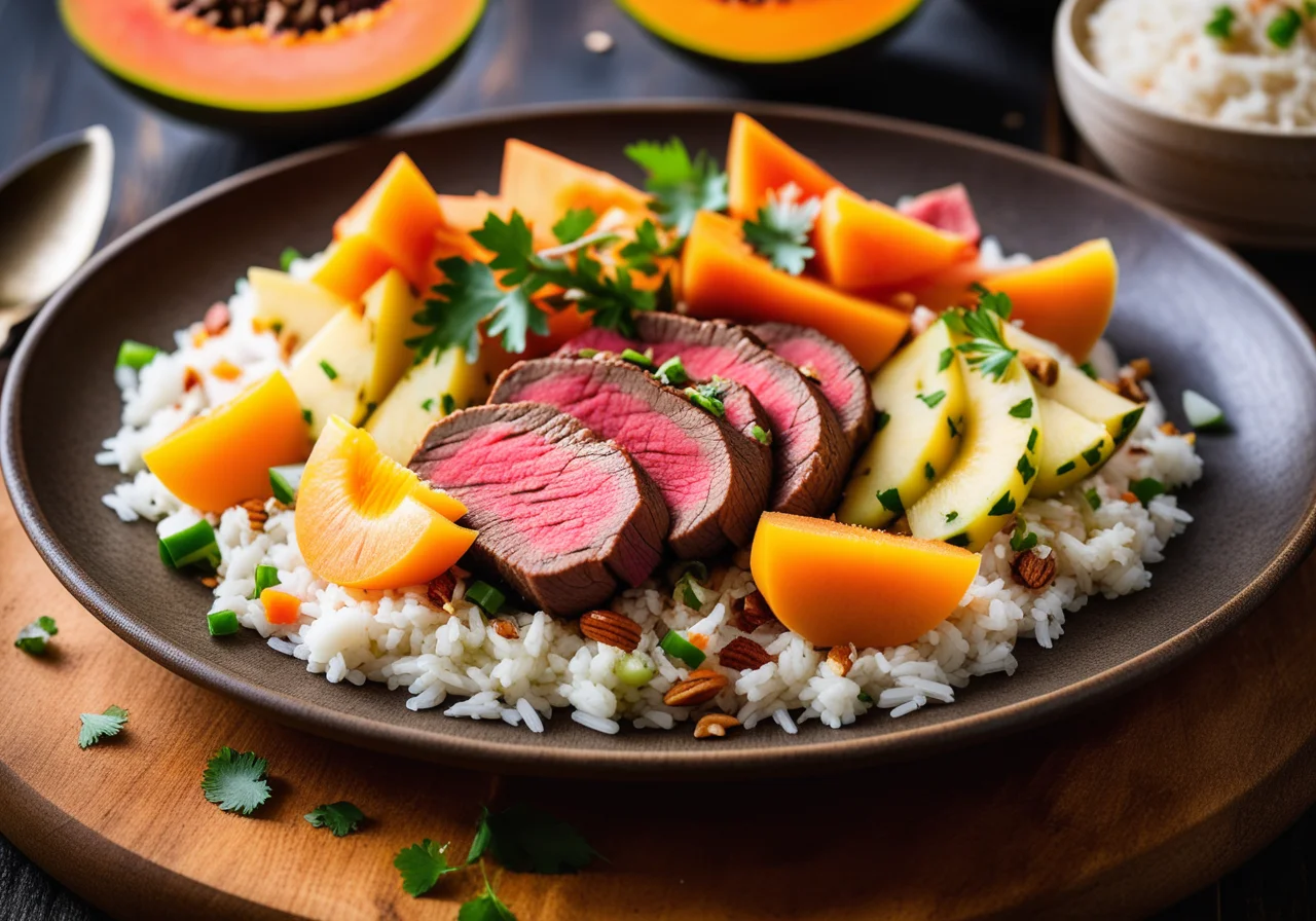 Beef Fillet Steak with Exotic Fruit and Almond Rice