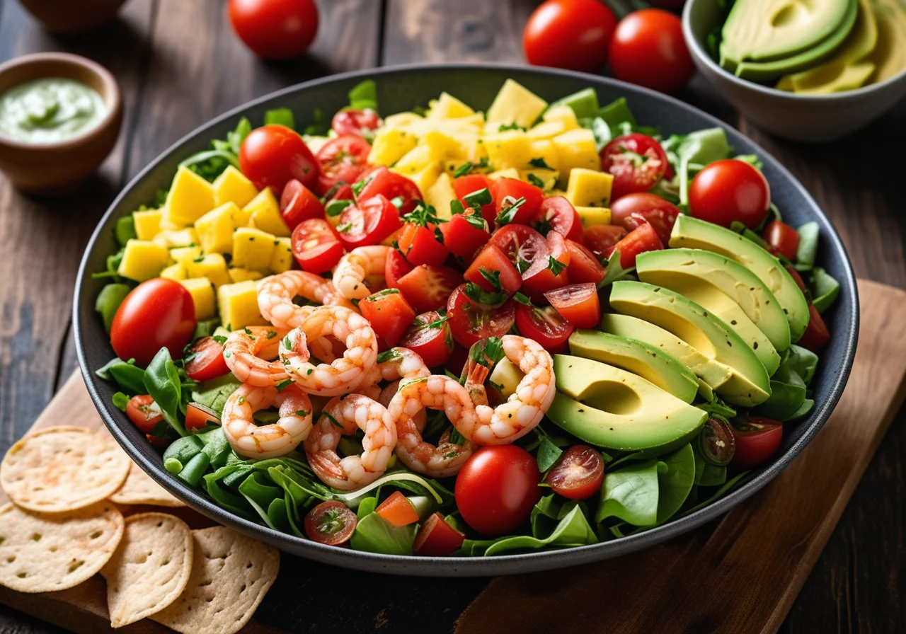Leafy Salad with Avocado, Tomatoes and Shrimp