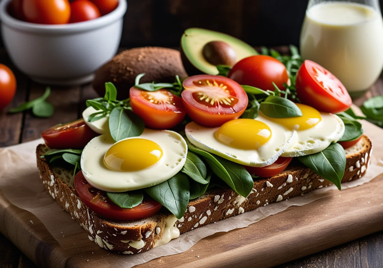 Double Deck Sandwich with Tomatoes, Mozzarella, Avocado and Arugula