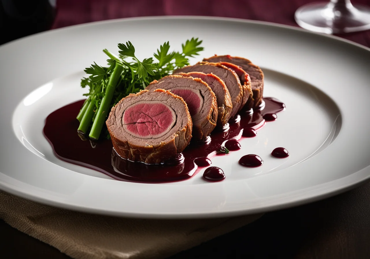 Beef roulade with onion-paprika filling and bacon