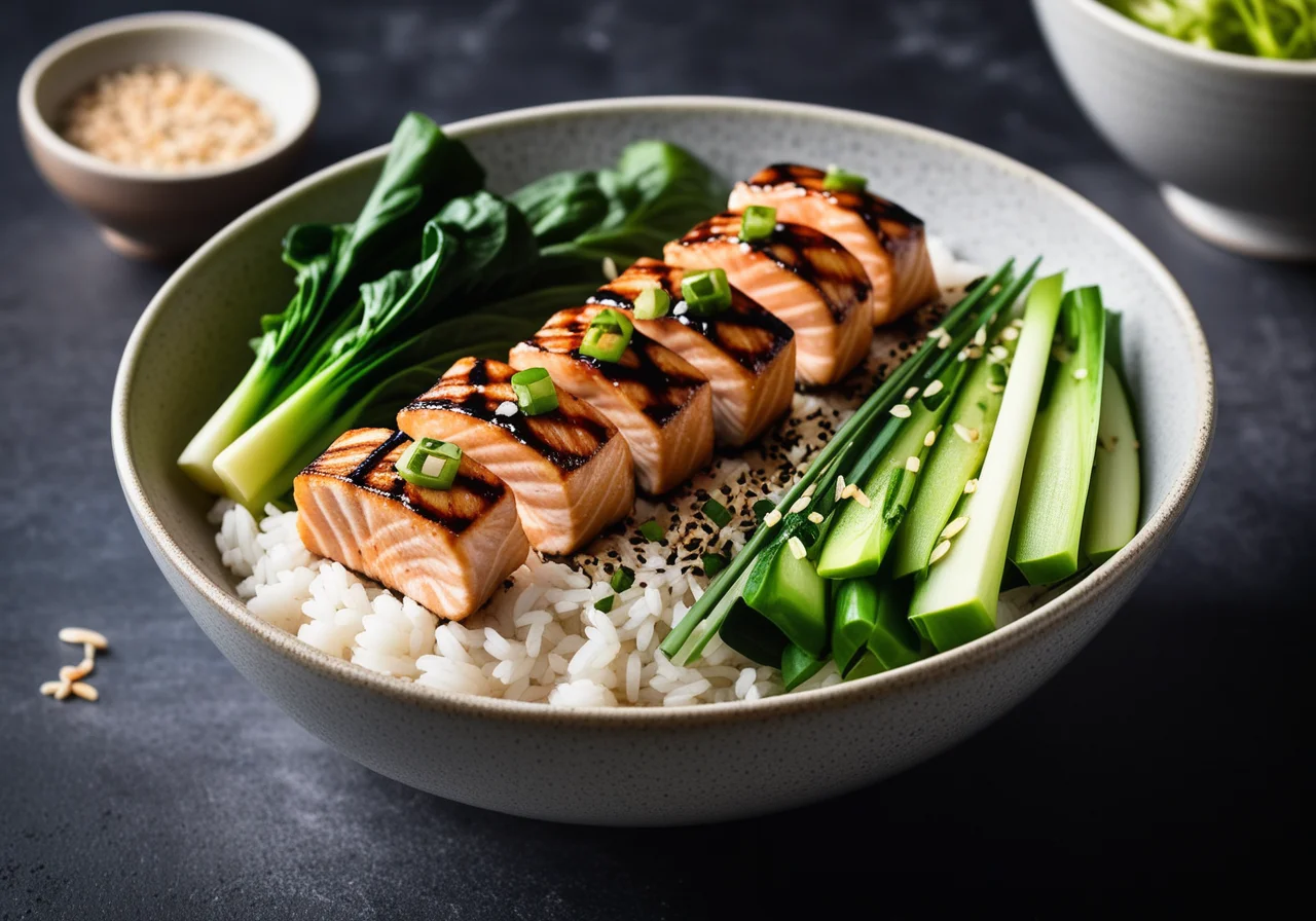 Rice Bowl with Salmon Yakitori Skewers