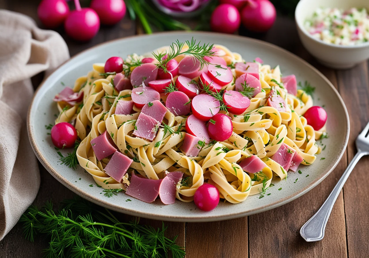 Colorful Pasta Salad with Ham, Radishes and Cheese