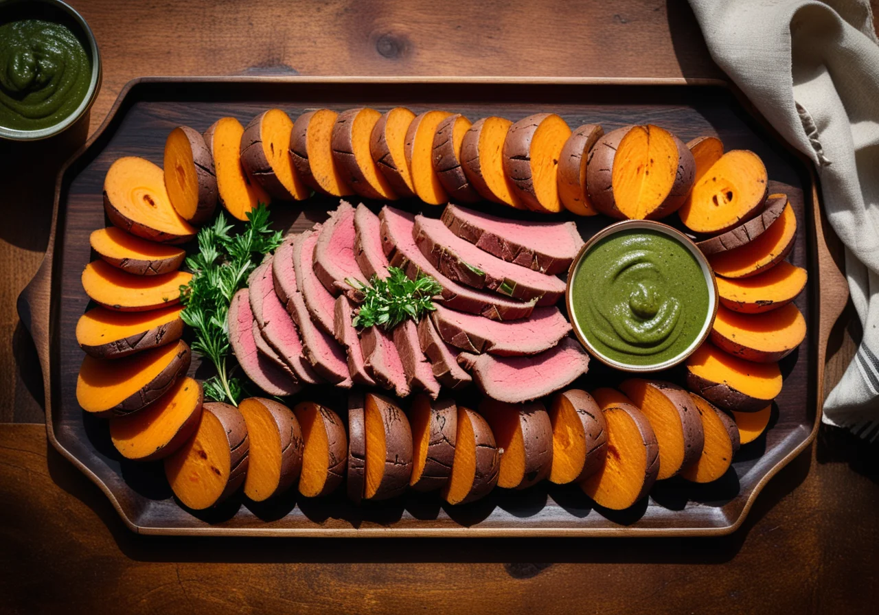 Roast Beef with Green Herb Sauce and Vegetables