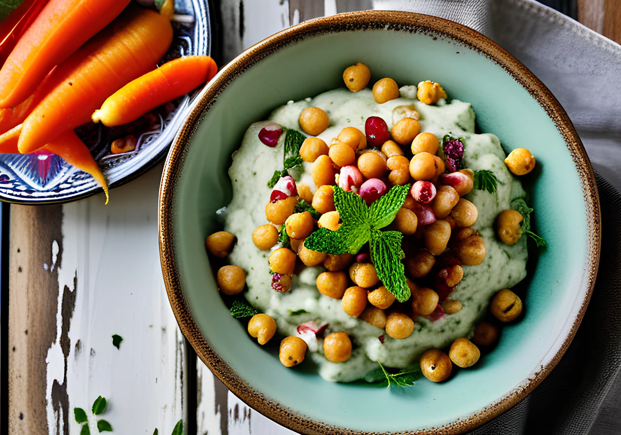 Oriental Rice and Vegetable Pan with Chickpeas and Mint Dip