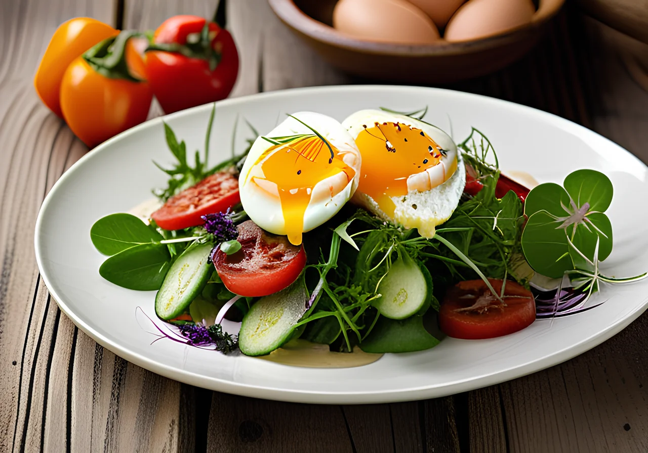 Leafy Salad with Cucumbers and Poached Eggs