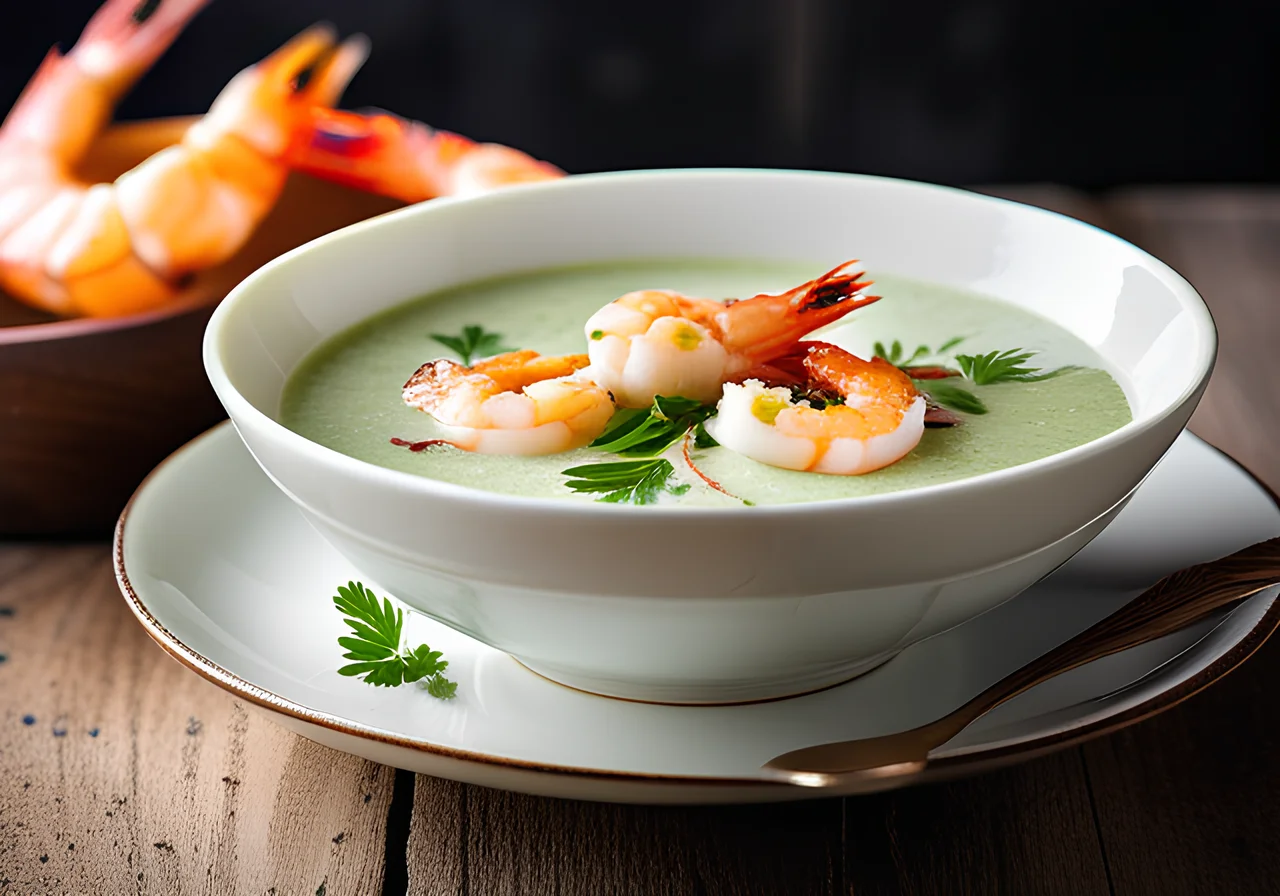 Wild Garlic Soup with Fried Shrimp