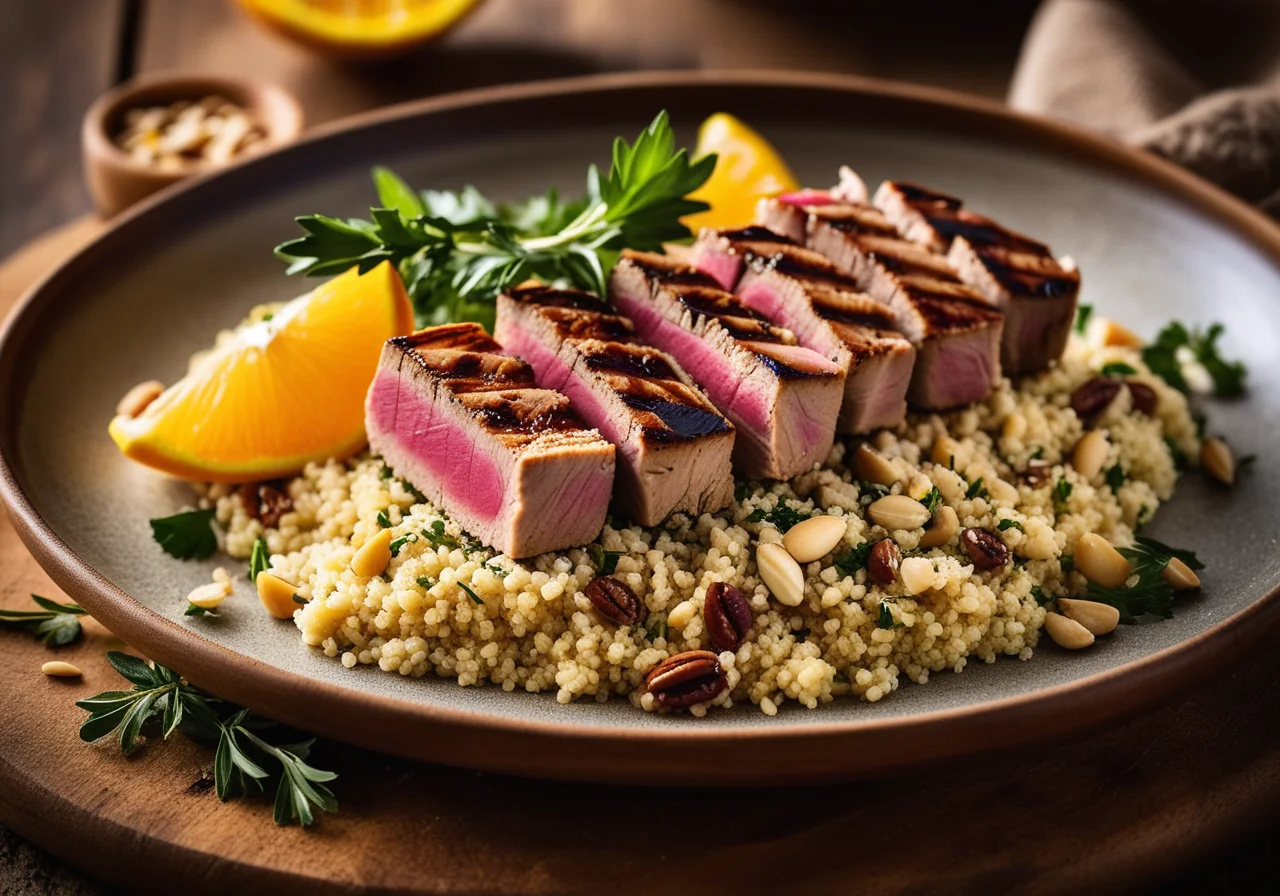 Tuna Bay Leaves Skewers with Couscous