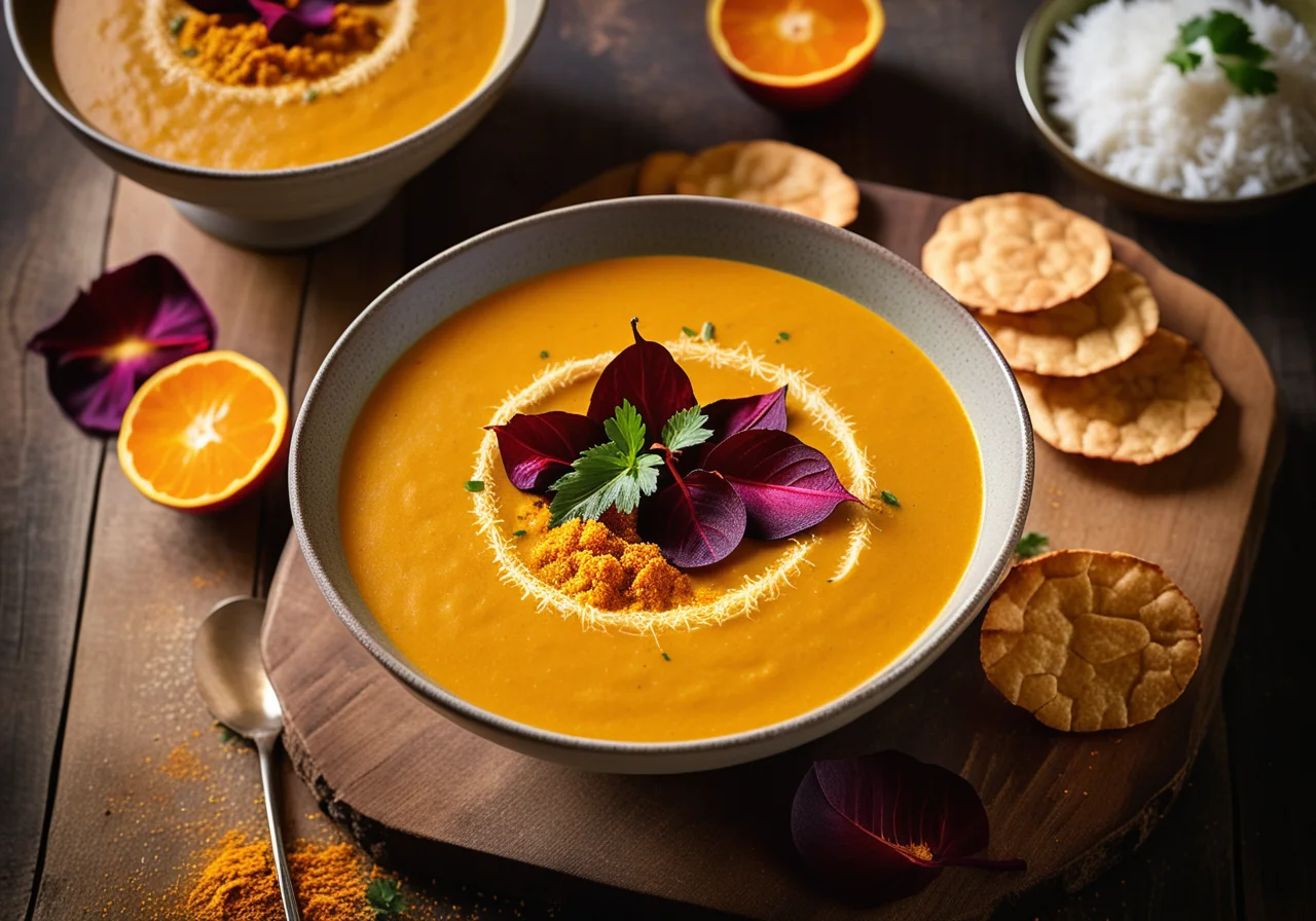 Vegan Coconut Curry Soup with Beet Chips