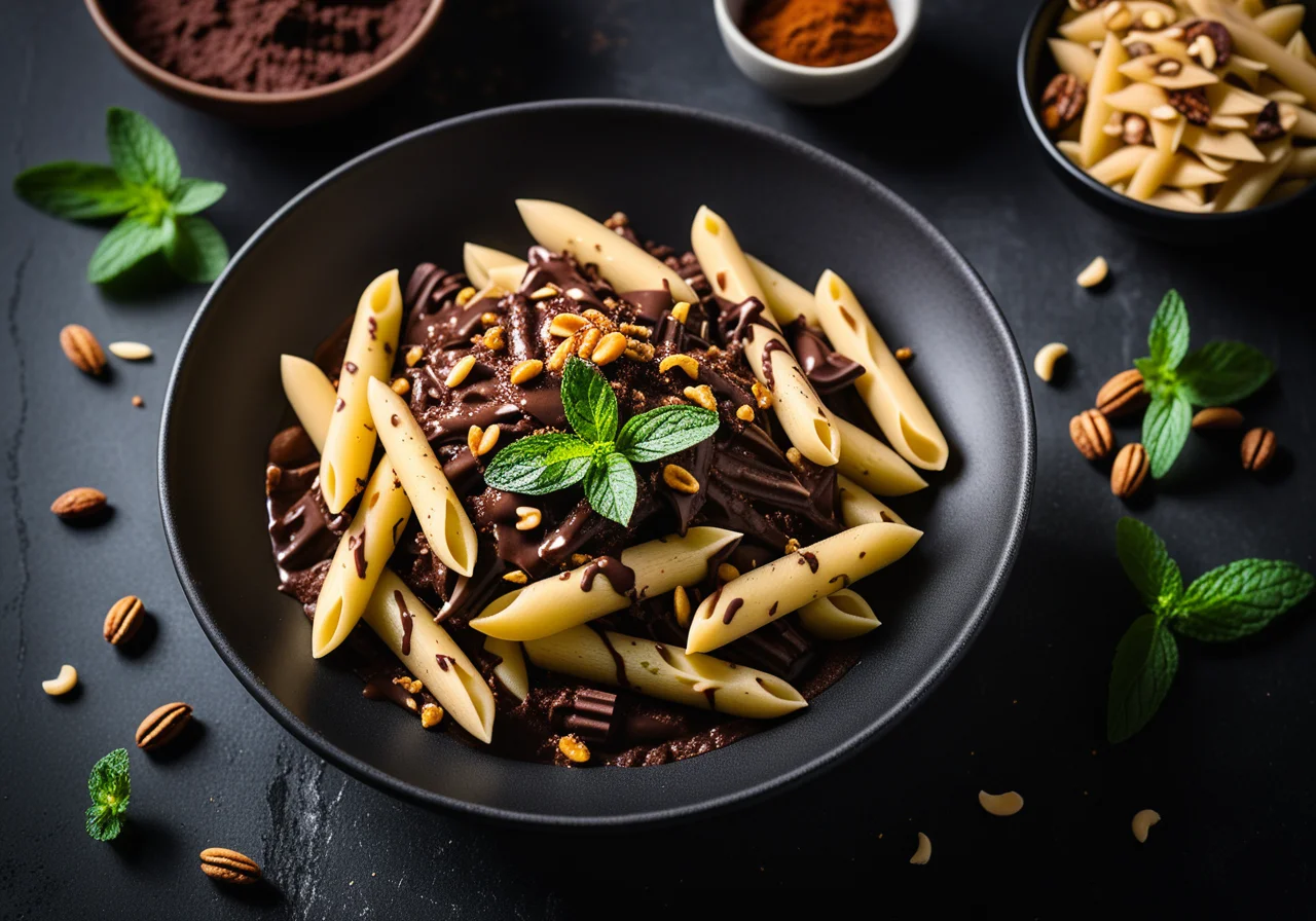 Penne with chocolate sauce, raisins and mint