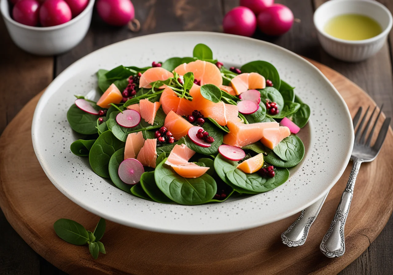 Spinach Salad with Smoked Salmon, Radishes, and Peppercorns